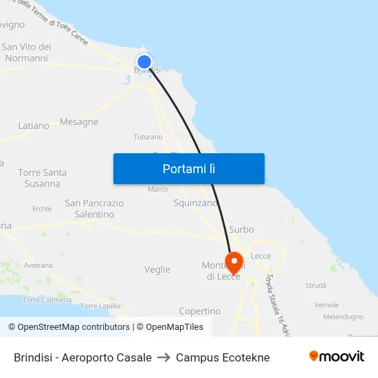 Brindisi - Aeroporto Casale to Campus Ecotekne map