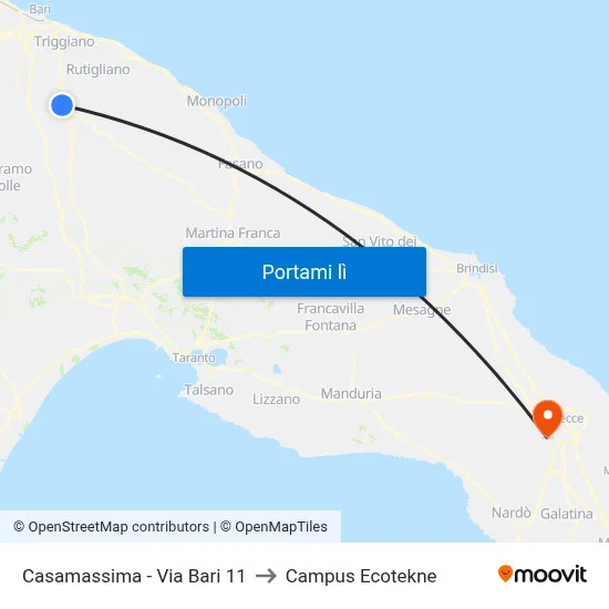 Casamassima - Via Bari 11 to Campus Ecotekne map