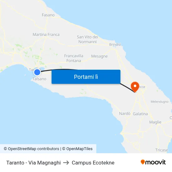Taranto - Via Magnaghi to Campus Ecotekne map