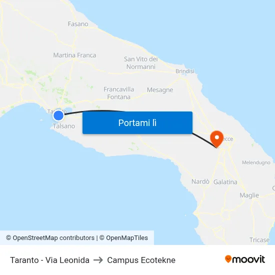 Taranto - Via Leonida to Campus Ecotekne map