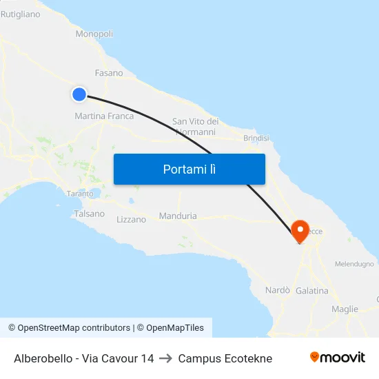 Alberobello - Via Cavour 14 to Campus Ecotekne map