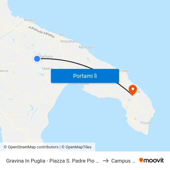 Gravina In Puglia - Piazza S. Padre Pio (Piazzale Stazione Trenitalia) to Campus Ecotekne map