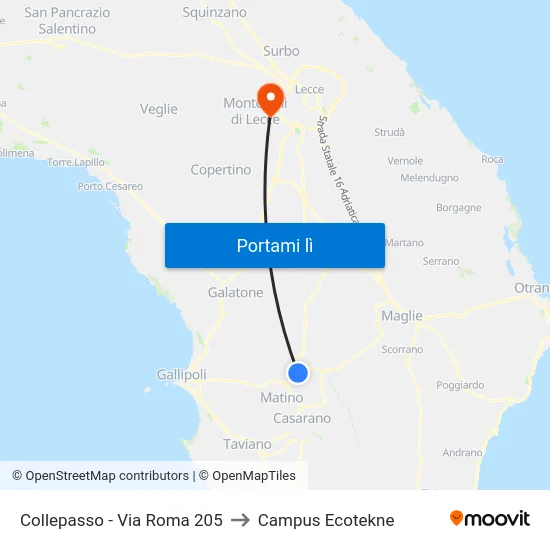 Collepasso - Via Roma 205 to Campus Ecotekne map
