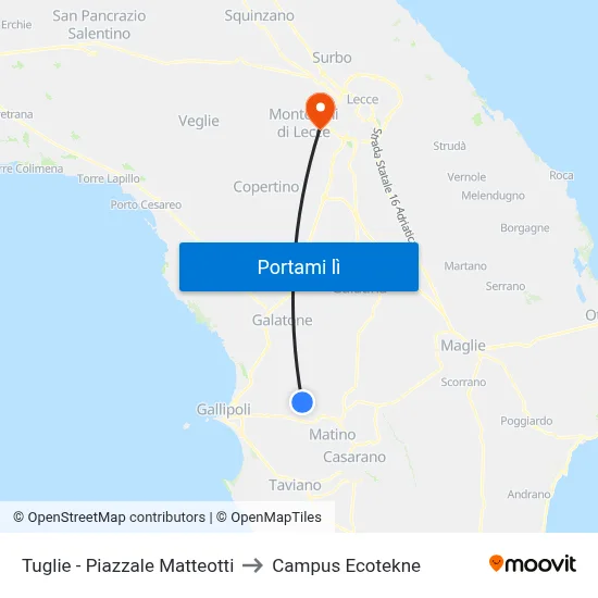 Tuglie - Piazzale Matteotti to Campus Ecotekne map