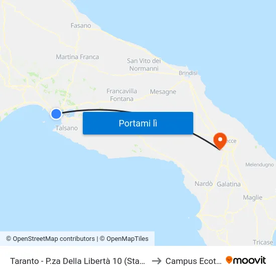 Taranto - P.za Della Libertà 10 (Stazione F.S.) to Campus Ecotekne map