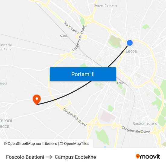 Foscolo-Bastioni to Campus Ecotekne map