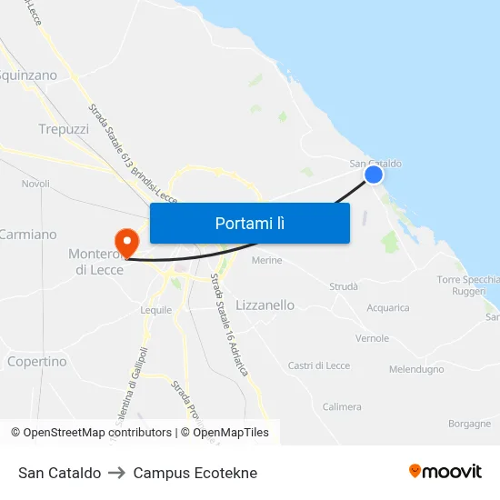 San Cataldo to Campus Ecotekne map