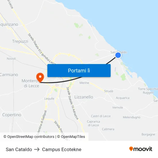 San Cataldo to Campus Ecotekne map