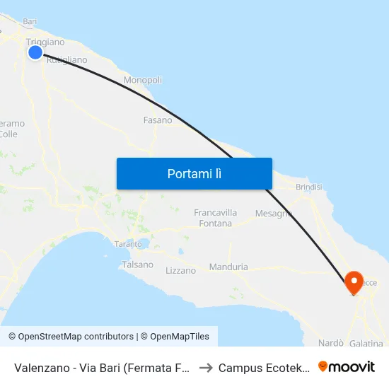 Valenzano - Via Bari (Fermata Fse) to Campus Ecotekne map