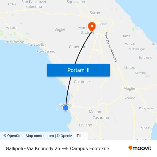 Gallipoli - Via Kennedy 26 to Campus Ecotekne map