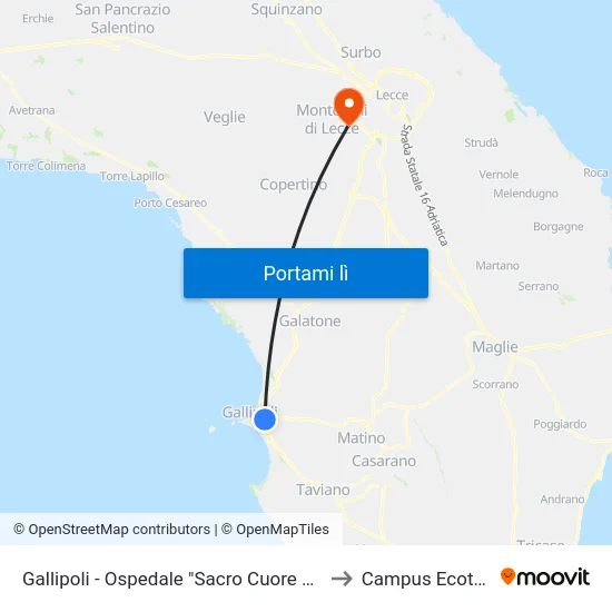Gallipoli - Ospedale "Sacro Cuore Di Gesù" to Campus Ecotekne map
