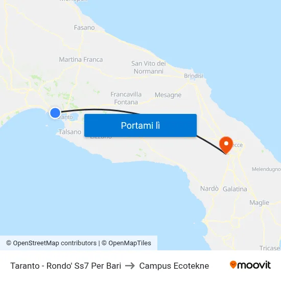 Taranto - Rondo' Ss7 Per Bari to Campus Ecotekne map