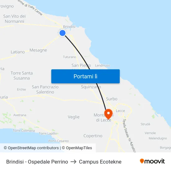Brindisi - Ospedale Perrino to Campus Ecotekne map