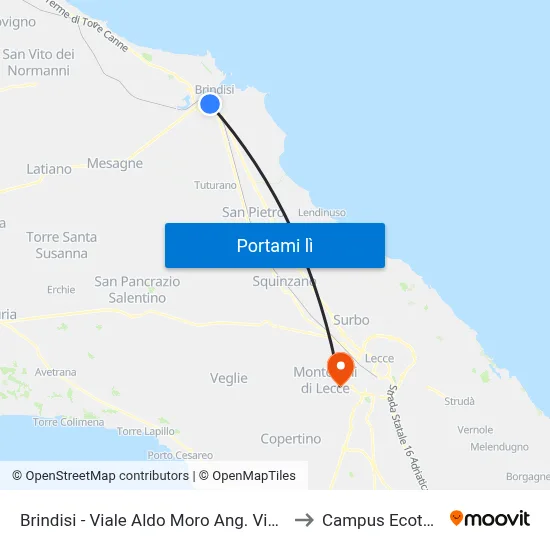 Brindisi - Viale Aldo Moro Ang. Via Tirolo to Campus Ecotekne map