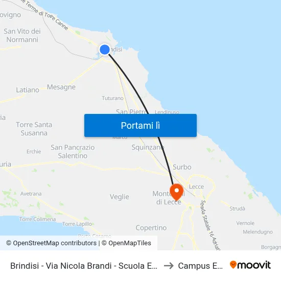 Brindisi - Via Nicola Brandi - Scuola Europea Dir. Paradiso to Campus Ecotekne map