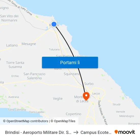 Brindisi - Aeroporto Militare Dir. Sciaia to Campus Ecotekne map