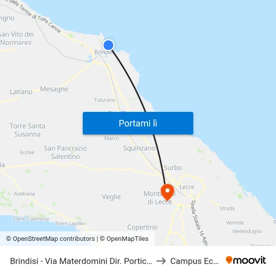 Brindisi - Via Materdomini Dir. Porticciolo Turistico to Campus Ecotekne map