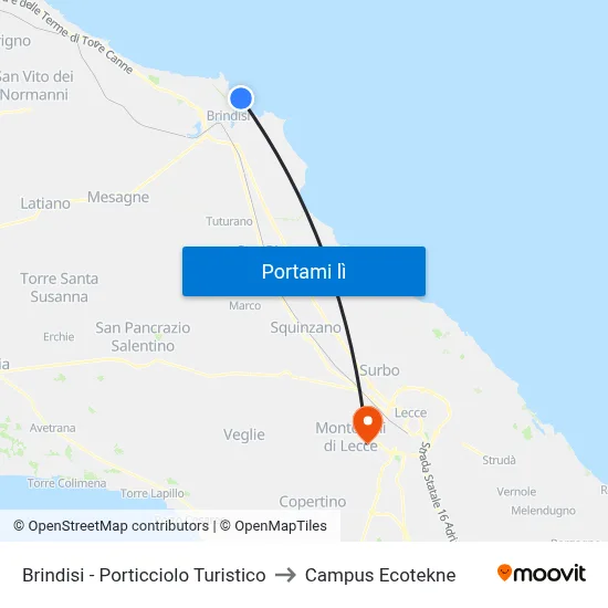 Brindisi - Porticciolo Turistico to Campus Ecotekne map