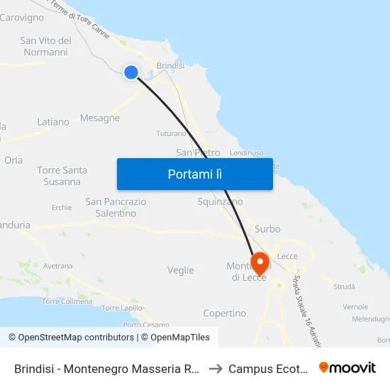 Brindisi - Montenegro Masseria Restinco to Campus Ecotekne map