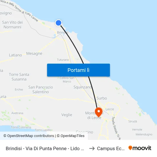 Brindisi - Via Di Punta Penne - Lido Vv.Ff. Dir. Apani to Campus Ecotekne map