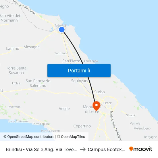 Brindisi - Via Sele Ang. Via Tevere to Campus Ecotekne map