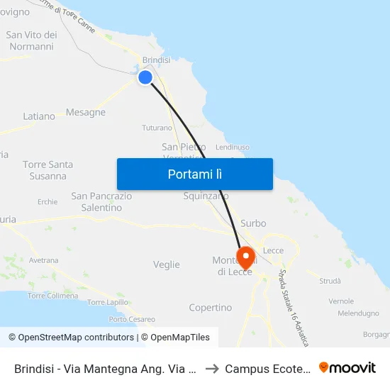 Brindisi - Via Mantegna Ang. Via Birolli to Campus Ecotekne map