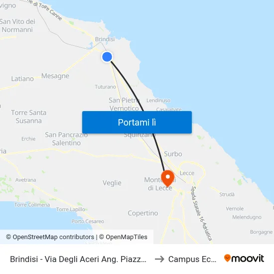 Brindisi - Via Degli Aceri Ang. Piazza Delle Zagare to Campus Ecotekne map