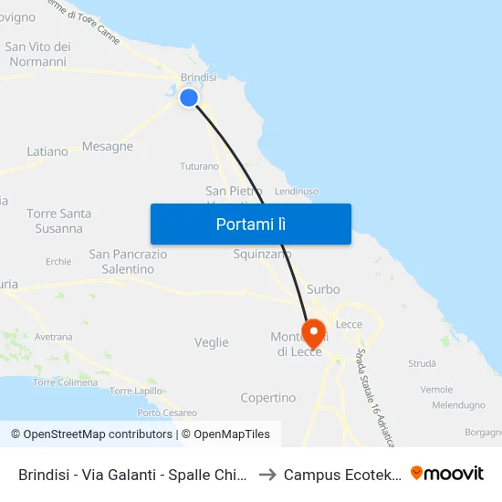 Brindisi - Via Galanti - Spalle Chiesa to Campus Ecotekne map
