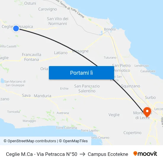 Ceglie M.Ca - Via Petracca N°50 to Campus Ecotekne map