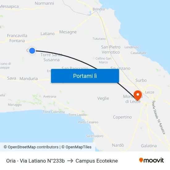 Oria - Via Latiano N°233b to Campus Ecotekne map