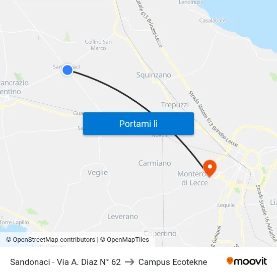 Sandonaci - Via A. Diaz N° 62 to Campus Ecotekne map