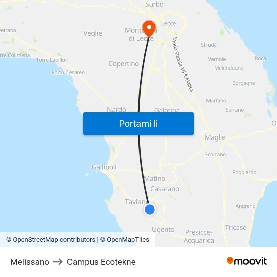 Melissano to Campus Ecotekne map