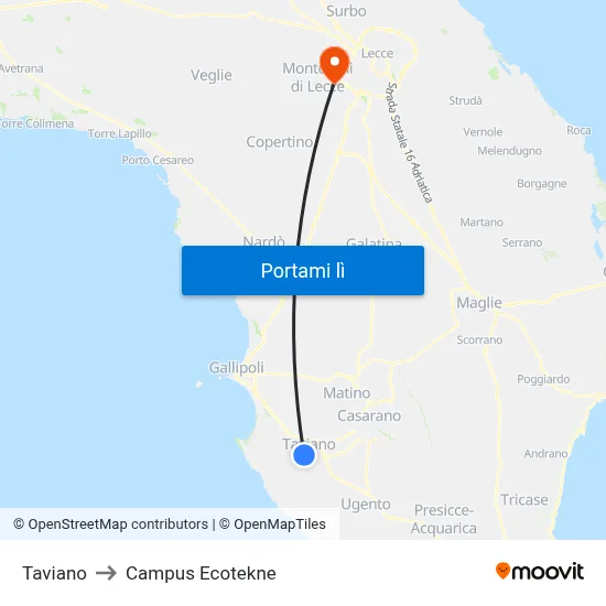 Taviano to Campus Ecotekne map