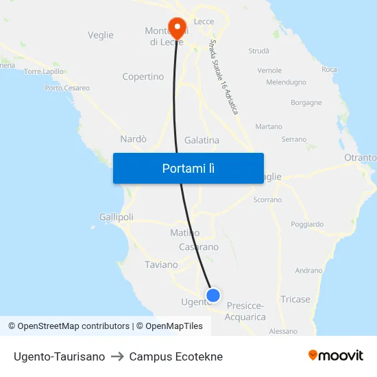 Ugento-Taurisano to Campus Ecotekne map
