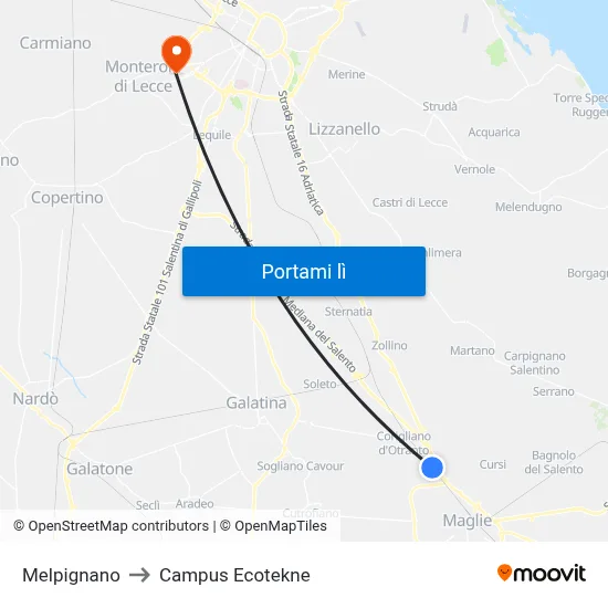 Melpignano to Campus Ecotekne map