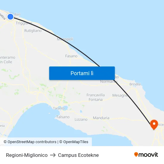 Regioni-Miglionico to Campus Ecotekne map