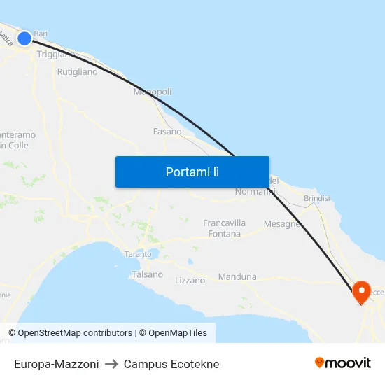 Europa-Mazzoni to Campus Ecotekne map