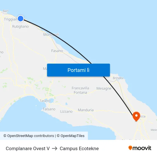 Complanare Ovest V to Campus Ecotekne map