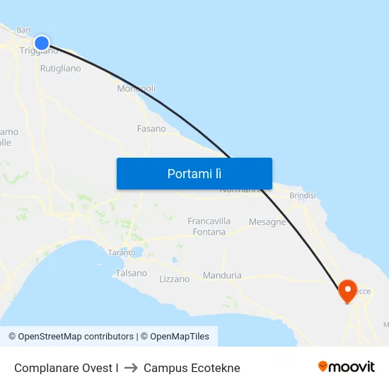 Complanare Ovest I to Campus Ecotekne map