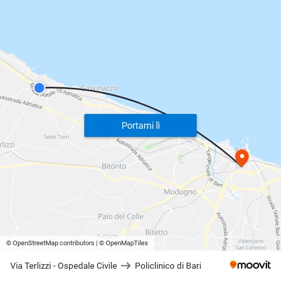 Via Terlizzi - Ospedale Civile to Policlinico di Bari map