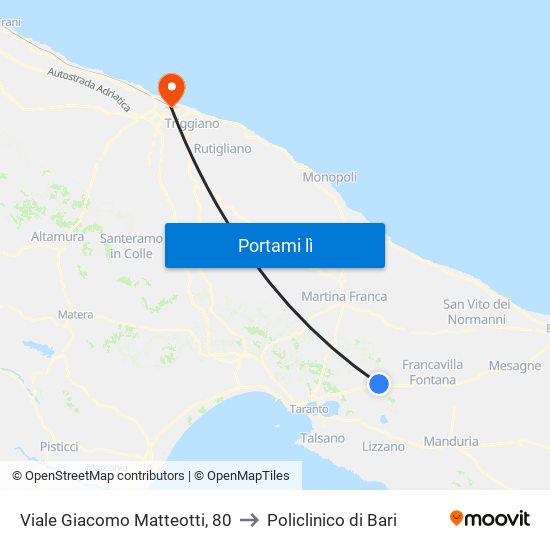 Viale Giacomo Matteotti, 80 to Policlinico di Bari map