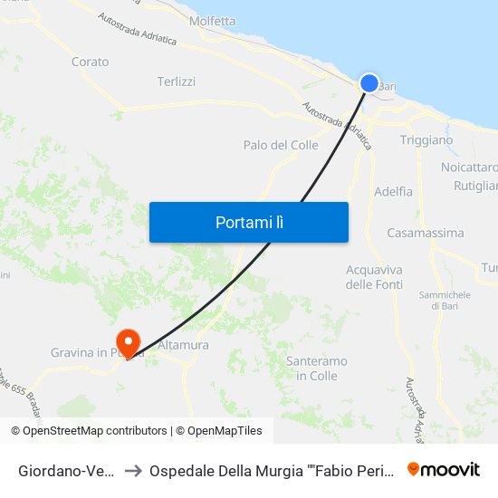 Giordano-Verdi to Ospedale Della Murgia ""Fabio Perinei"" map