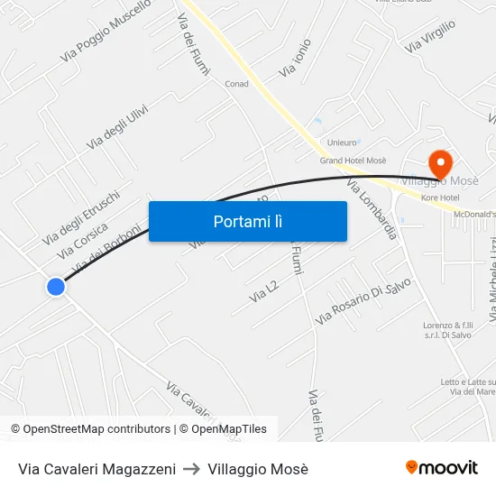 Via Cavaleri Magazzeni to Villaggio Mosè map