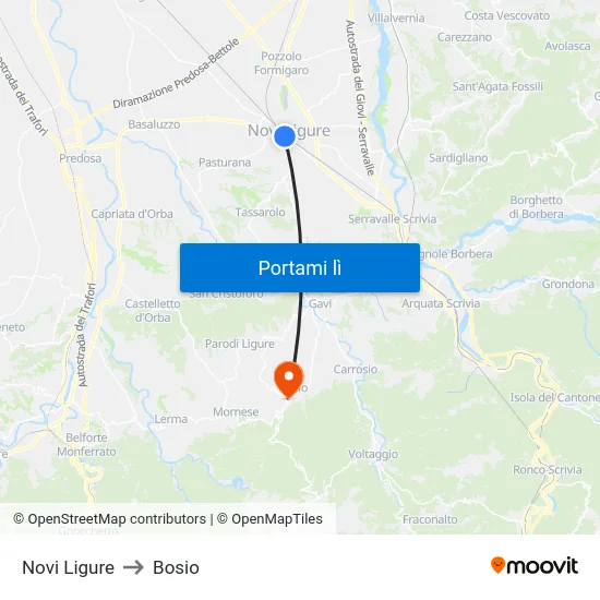 Novi Ligure to Bosio map