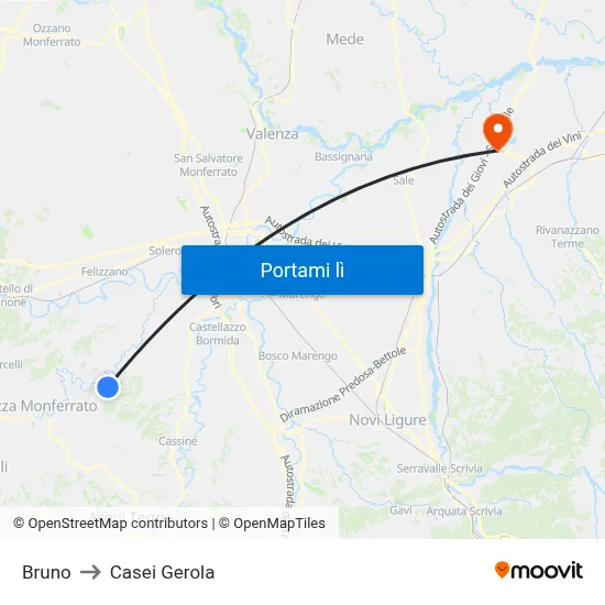 Bruno to Casei Gerola map