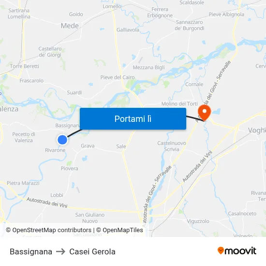 Bassignana to Casei Gerola map