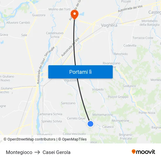 Montegioco to Casei Gerola map