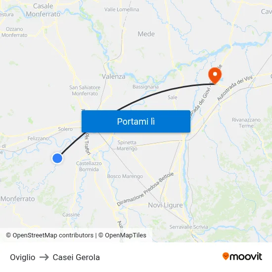 Oviglio to Casei Gerola map