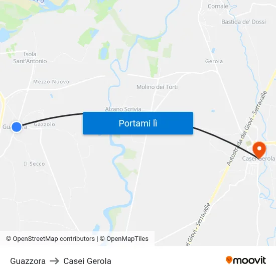 Guazzora to Casei Gerola map