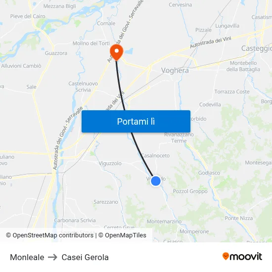 Monleale to Casei Gerola map